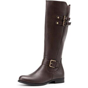 🆕Womens Faux Leather Brown Knee High Buckle Chunky Heel Flat Riding Pirate Boot